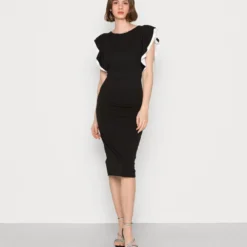 Wal G KELLY RUFFLE SLEEVE MIDI DRESS - Cocktailkleid/festliches Kleid - Black/white
